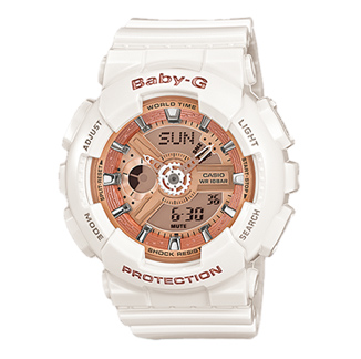 Baby-G BA-110-7A1 – Estilo Femenino en Blanco y Dorado con Máxima Resistencia Reloj Baby-G BA-110-7A1 en color blanco con detalles dorados, diseño elegante y resistente para un estilo deportivo y moderno.