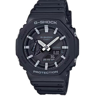 Reloj G-SHOCK GA-2100-1A negro con detalles en gris, diseño delgado y resistente