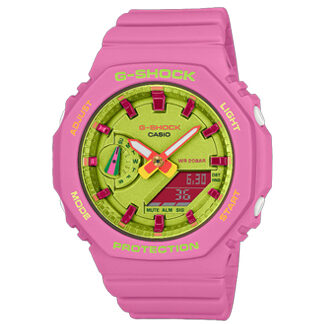 Reloj Casio G-Shock GMA-SB2100BS-4 en color rosa con esfera amarilla, diseño delgado y resistente