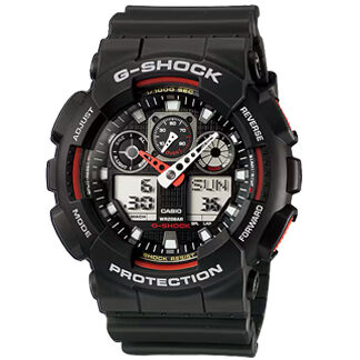 "Reloj Casio G-Shock GA-100-1A4 en negro con detalles en rojo, resistente a impactos y agua, con velocímetro y luz LED automática.