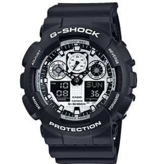 Reloj Casio G-Shock GA-100BW en blanco y negro, diseño resistente con pantalla analógica y digital