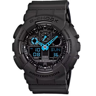 Reloj Casio G-Shock GA-100C-8A en gris oscuro con detalles en negro y azul celeste, resistente a impactos y agua, con velocímetro y luz LED automática.