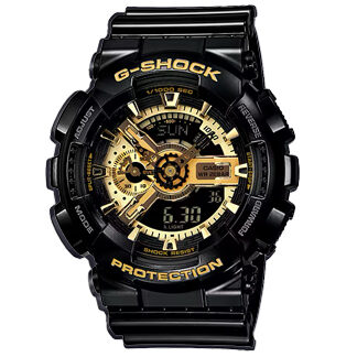 Reloj Casio G-Shock GA-110GB-1A con diseño mecánico, combinación de negro brillante y detalles dorados, resistente a impactos y con pantalla analógico-digital.