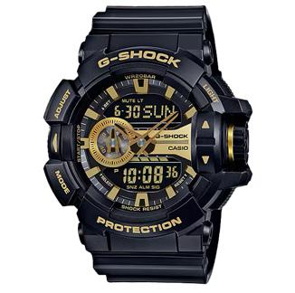 G-Shock GA-400GB-1A9 – Resistencia y Estilo en Negro y Dorado Reloj G-Shock GA-400GB-1A9 en color negro con detalles dorados, diseño resistente con dial analógico-digital y corona giratoria.