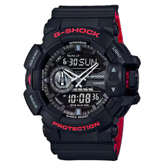 Reloj G-Shock GA-400HR-1 en color negro con detalles en rojo y correa bicolor, diseño resistente con dial analógico-digital y corona giratoria.