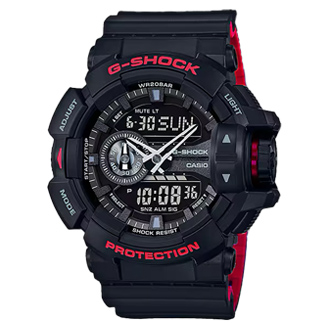 G-Shock GA-400HR-1 – Resistencia y Estilo en Negro y Rojo Reloj G-Shock GA-400HR-1 en color negro con detalles en rojo y correa bicolor, diseño resistente con dial analógico-digital y corona giratoria.