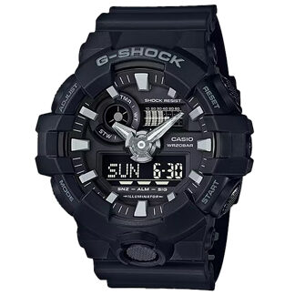Reloj G-Shock GA-700-1B con caja y correa de resina negra, dial analógico-digital y resistencia al agua de 200M.